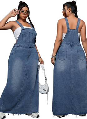 Plus-size women's denim suspenders skirt大码女装牛仔背带裙子