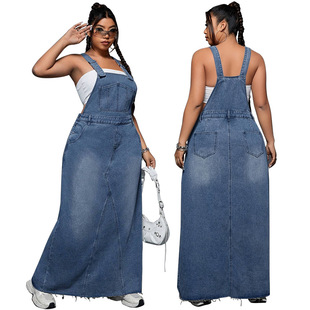 Plus-size women's denim suspenders skirt大码女装牛仔背带裙子