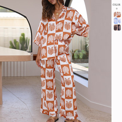 外贸欧美时尚七分袖衬衫家居套装