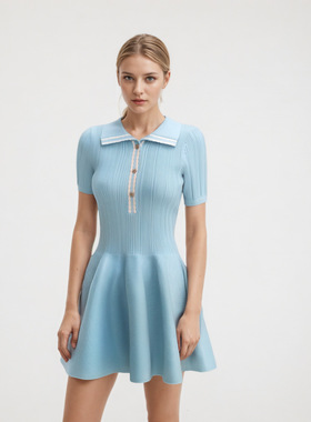 A slimming knitted dress 高端优雅浅蓝色短袖收腰a字针织连衣裙