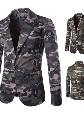 Camo trim one button suit jacket外贸男迷彩修身一粒扣西服外套
