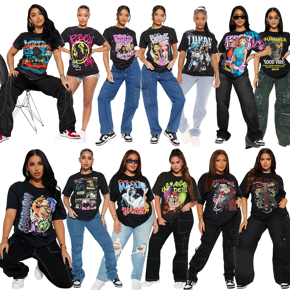 欧美跨境街头短袖印花女T恤