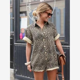 Leopard-print short-sleeved jumpsuit街拍豹纹短袖连体衣短裤女