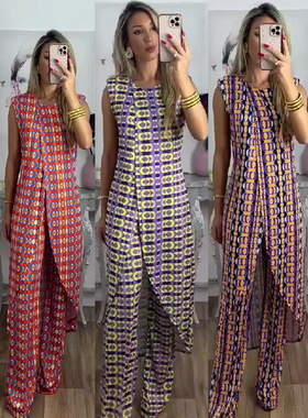 Sleeveless long shirt plaid pantsuit无袖长款衬衫格子长裤套装