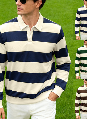 Striped long-sleeved Polo shirt长袖polo衫美式轻熟条纹休闲t恤