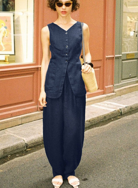 Navy blue sleeveless vest and pants suit 藏青色马甲长裤套装