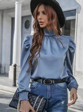 Elegant half-neck shirt 秋法式优雅女装半高领衬衫褶皱长袖上衣