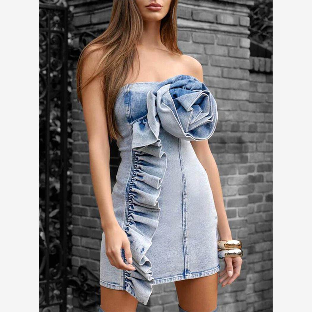 气质花朵抹胸连衣裙显瘦短款牛仔裙Slimming jean dress with top