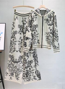 Hoodedknit top wideleg pants水墨画提花连帽针织上衣阔腿裤套装