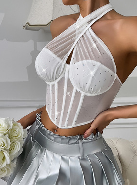 辣妹性感透视网纱挂脖鱼骨钢圈上衣女 Fishbone blouse with neck