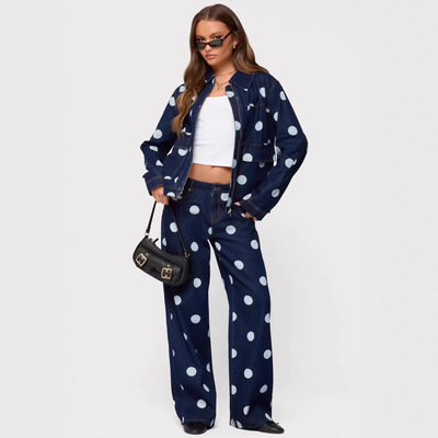 个性深色波点女式阔腿牛仔裤潮