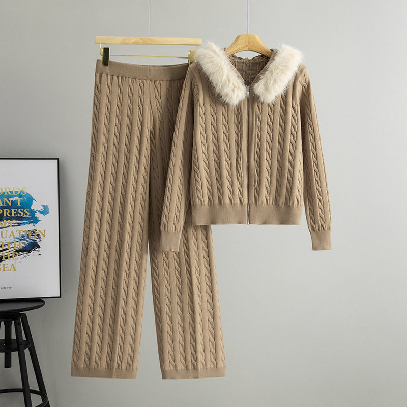 Wide-leg pants with hooded sweater set针织阔腿裤连帽毛衣套装,女装/女士精品,时尚套装,淘宝优惠券,粉丝福利购,淘宝优惠卷