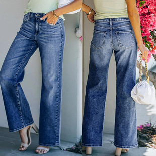 stretch legged jeans 高腰宽松阔腿裤 女 Baggy 弹力牛仔长裤 wide