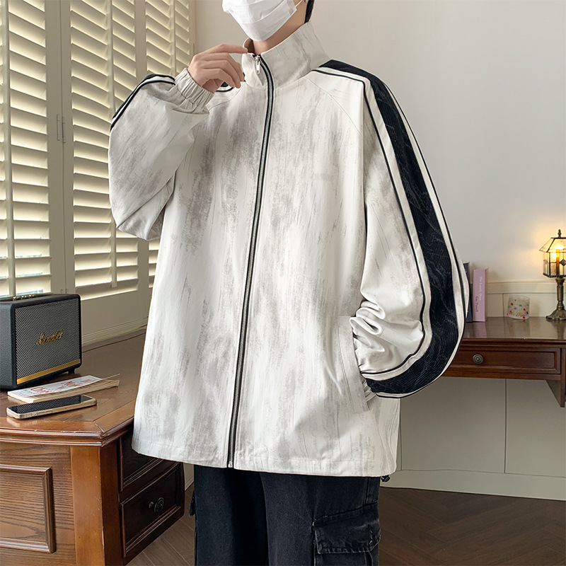 春秋男士大码立领夹克胖男生加肥加大潮流开衫拉链拼接外套