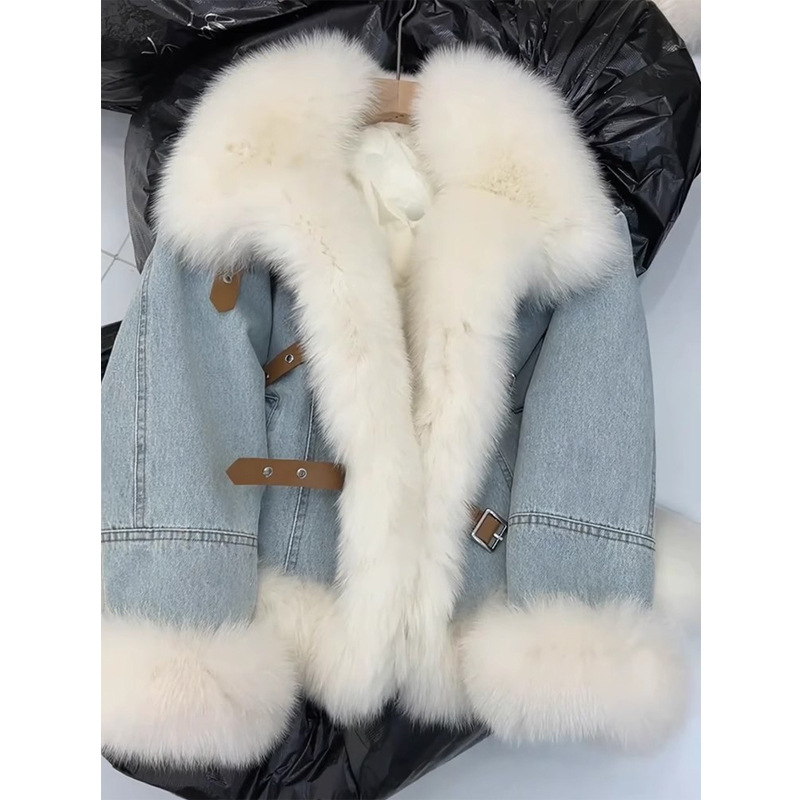 2024新款设计师款大毛领毛领翻领皮草女短款韩版牛仔棉服保暖外套