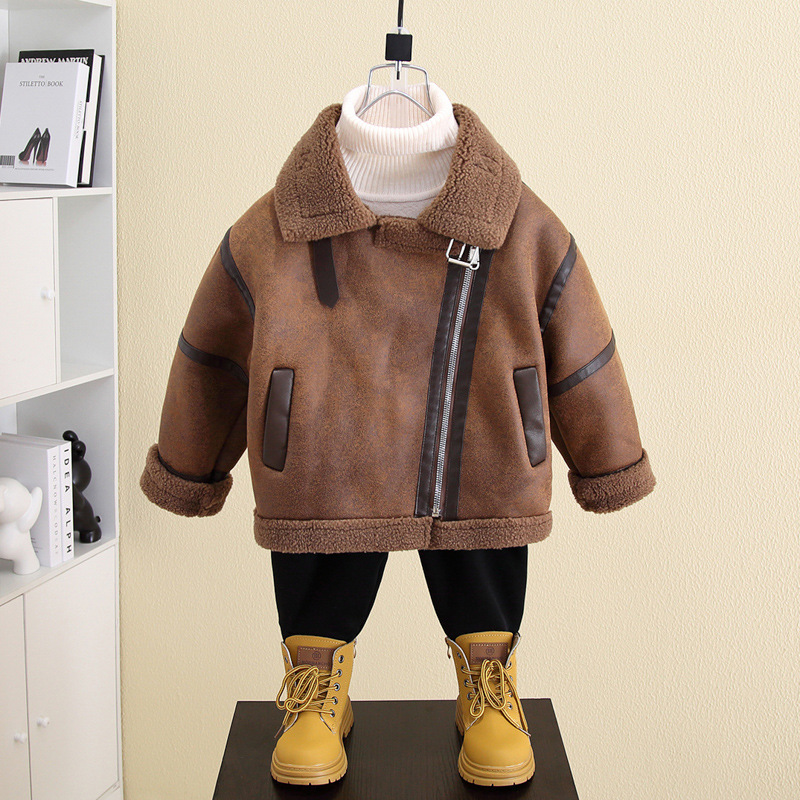 男童加绒外套秋冬儿童皮毛一体夹克2025新款宝宝冬装加厚童装衣服