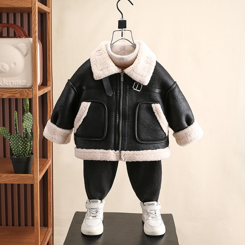 男童2025新款加绒皮衣外套秋冬款儿童装冬装皮毛一体宝宝加厚夹克