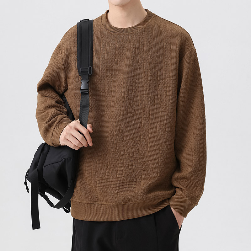 男士大码针织圆领卫衣胖子秋季加肥加大纯色长袖提花套头上衣男装