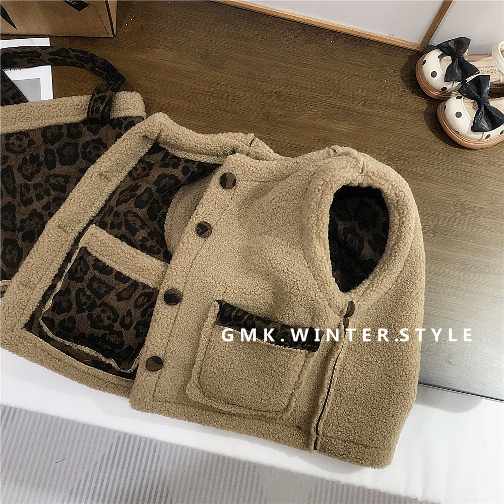 女童羊羔毛两面穿豹纹韩国童装秋冬新款马甲儿童冬装洋气外套