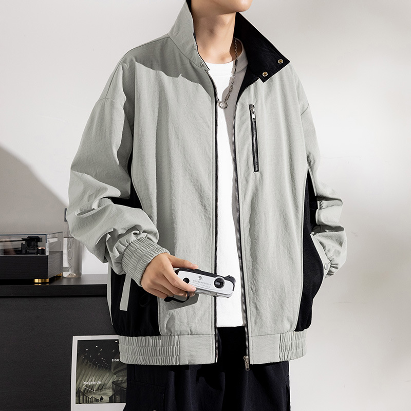 男士日系立领夹克胖男生秋冬新款潮流加肥加大撞色休闲上衣外套男