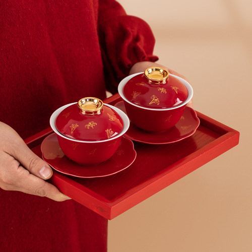 唐呈结婚改口敬茶杯一对红色陶瓷盖碗杯子套装新人婚礼喜庆敬酒杯