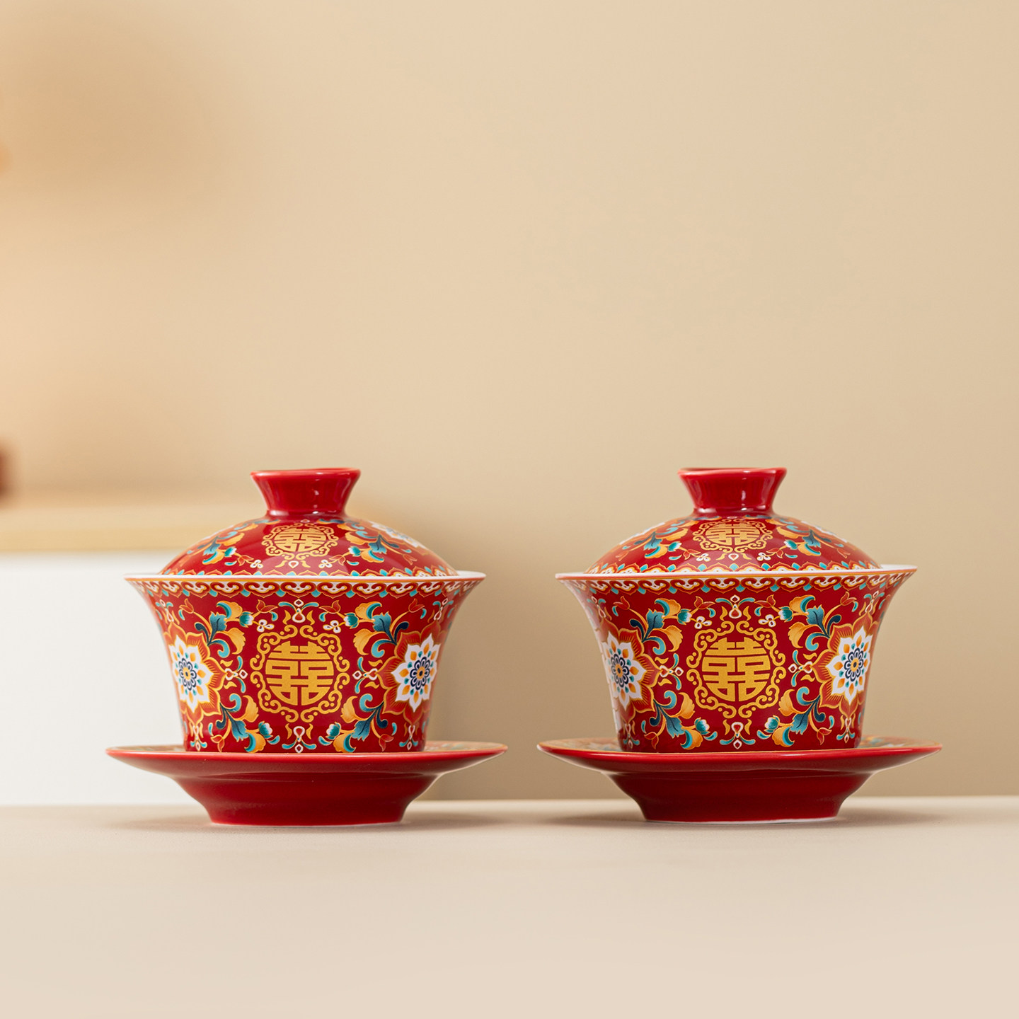 唐呈珐琅彩敬茶杯新婚碗筷套装陪嫁茶具红色盖碗结婚改口喜茶杯子,餐饮具,盖碗,淘宝优惠券,粉丝福利购,淘宝优惠卷