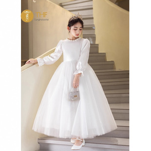 新款高端女童主持人晚礼服长袖冬季花童婚礼生日钢琴演奏公主裙