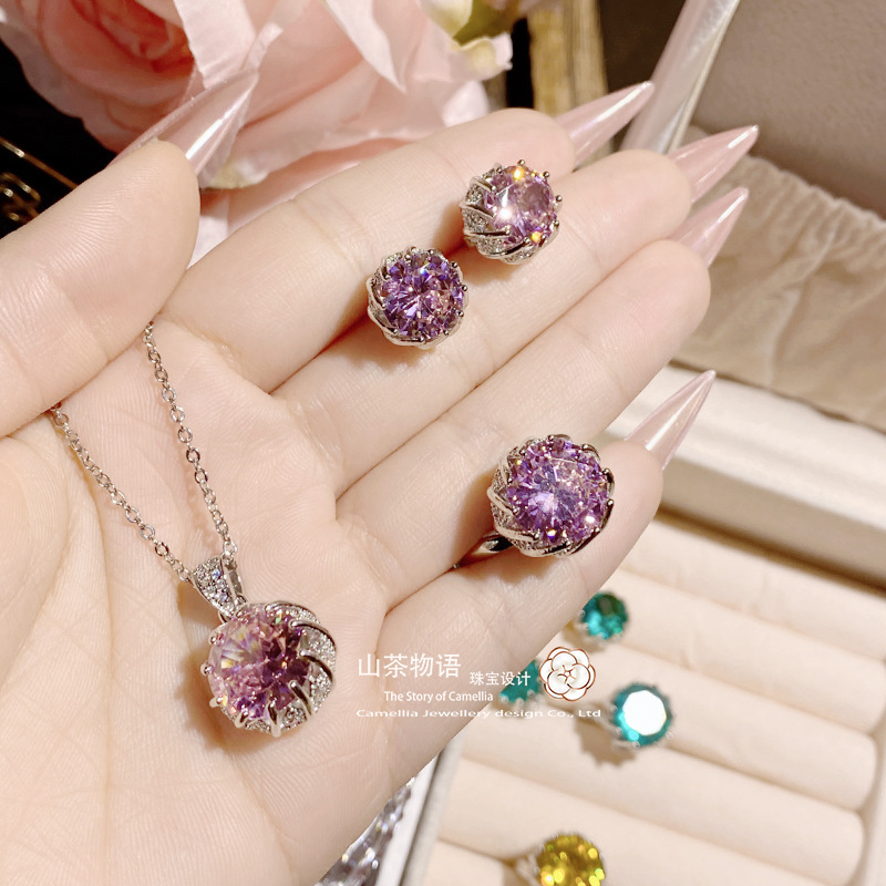 高级感莲花戒指项链耳钉套装女