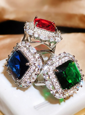 祖母绿戒指锆石镀银豪华鸽血红女