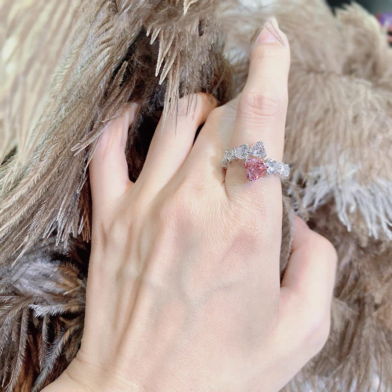 韩国ins小众感奢华粉色心形钻石戒指 高碳钻气质浪漫指环女饰品