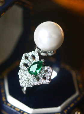 祖母绿珍珠彩宝戒指女网红食指戒