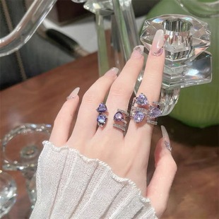 新款高级感轻奢心形戒指 少女果汁紫钻三爱心简约气质开口指环ins