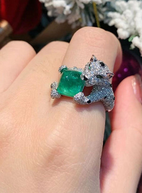 彩宝法式祖母绿戒指女开口可调节