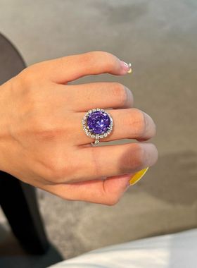 深邃紫色圆形锆石开口戒指女轻奢