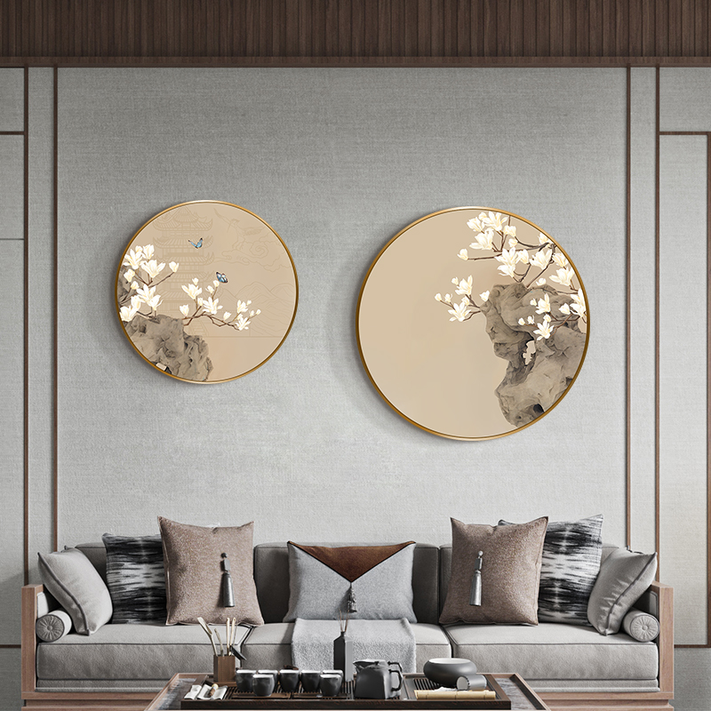 玉兰花客厅圆形三联画入户玄关花卉背景墙面挂画茶室新中式装饰画图片