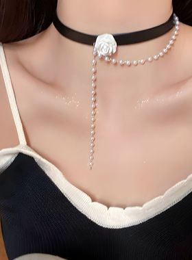 玫瑰花珍珠choker黑色项圈锁骨链