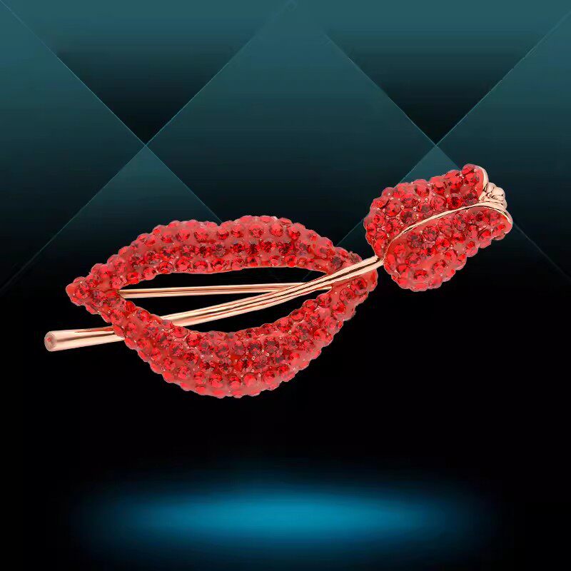 日韩红唇玫瑰花胸针高档女气质水钻胸花大衣别针简约百搭开衫配饰