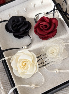 法式百搭复古玫瑰花系带项链珍珠