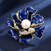 蓝色珐琅牡丹花镶钻胸针复古小众高级设计感胸花精致别针西装 配饰