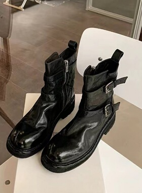 苏茵茵网红爆款水洗缩纹马皮圆头厚底瘦瘦短靴女骑士靴秋冬款