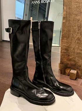 苏茵茵水洗马皮欧美圆头皮带扣厚底中高筒骑士靴女不过膝长靴