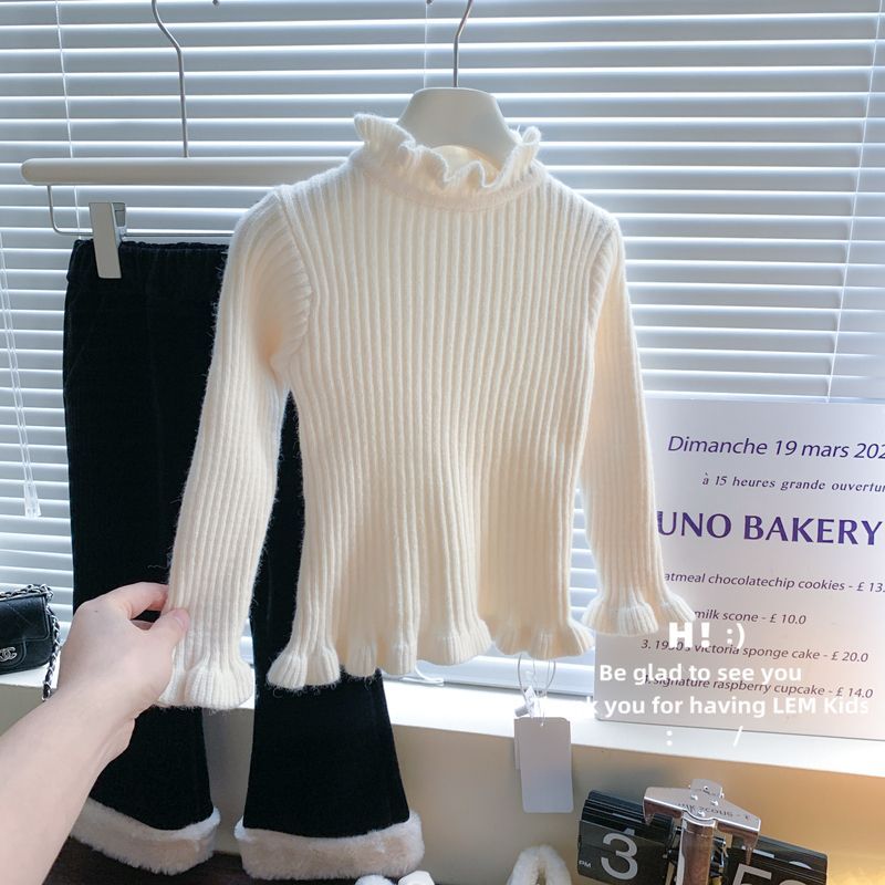 女童保暖毛线打底衫冬季新款女童洋派木耳边大弹力坑条针织衫潮