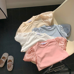 2026夏装新款女童泡泡袖上衣韩版纯色泡泡袖公主裙田园风灯笼袖T