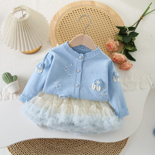 韩版童装2025新款女童洋气黑色针织衫儿童手工花毛衣开衫外套