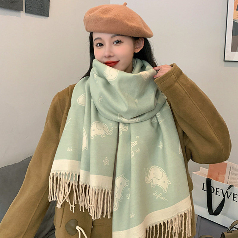 绿色卡通可爱围巾女生冬季韩版百搭加厚保暖双面披肩2022新款两用