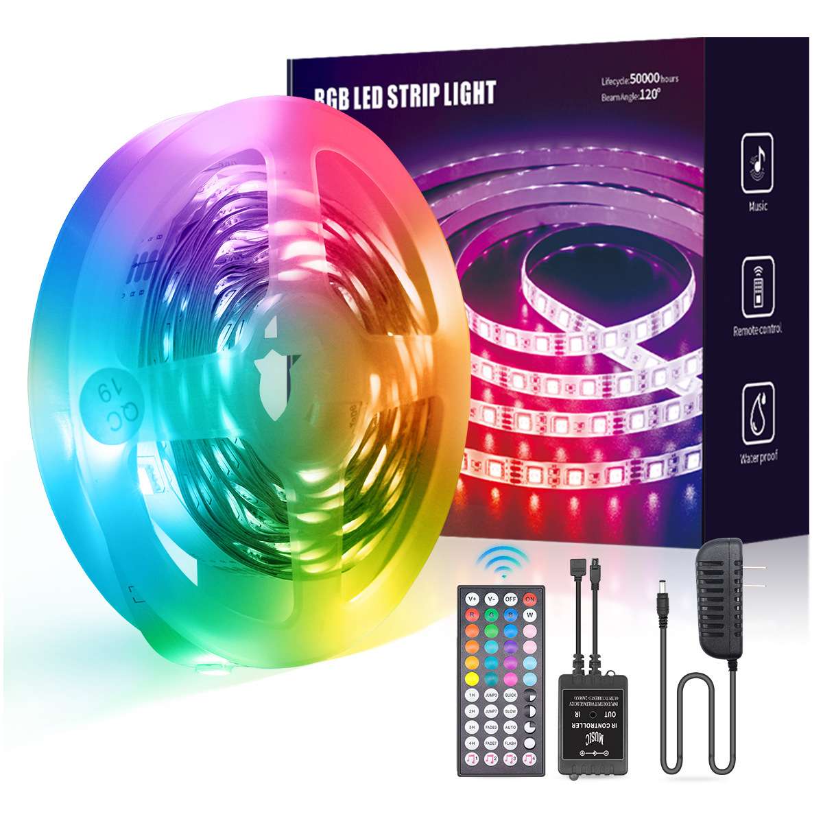 LED灯带套装12V44键红外音乐律动七彩变色氛围灯条5050rgb 2835