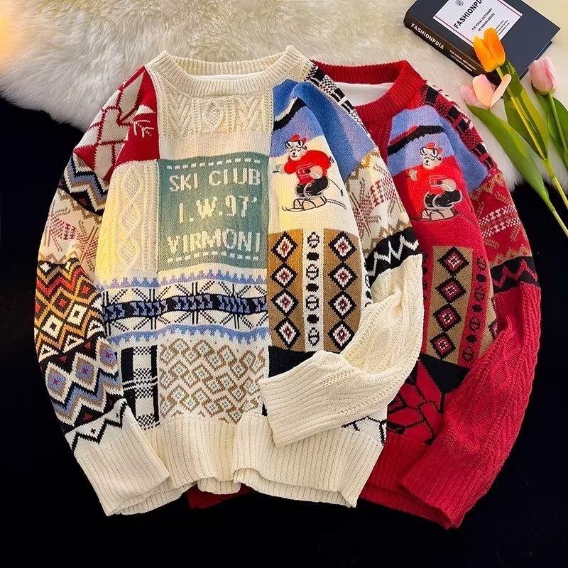 圣诞加绒加厚毛衣男情侣小熊红色