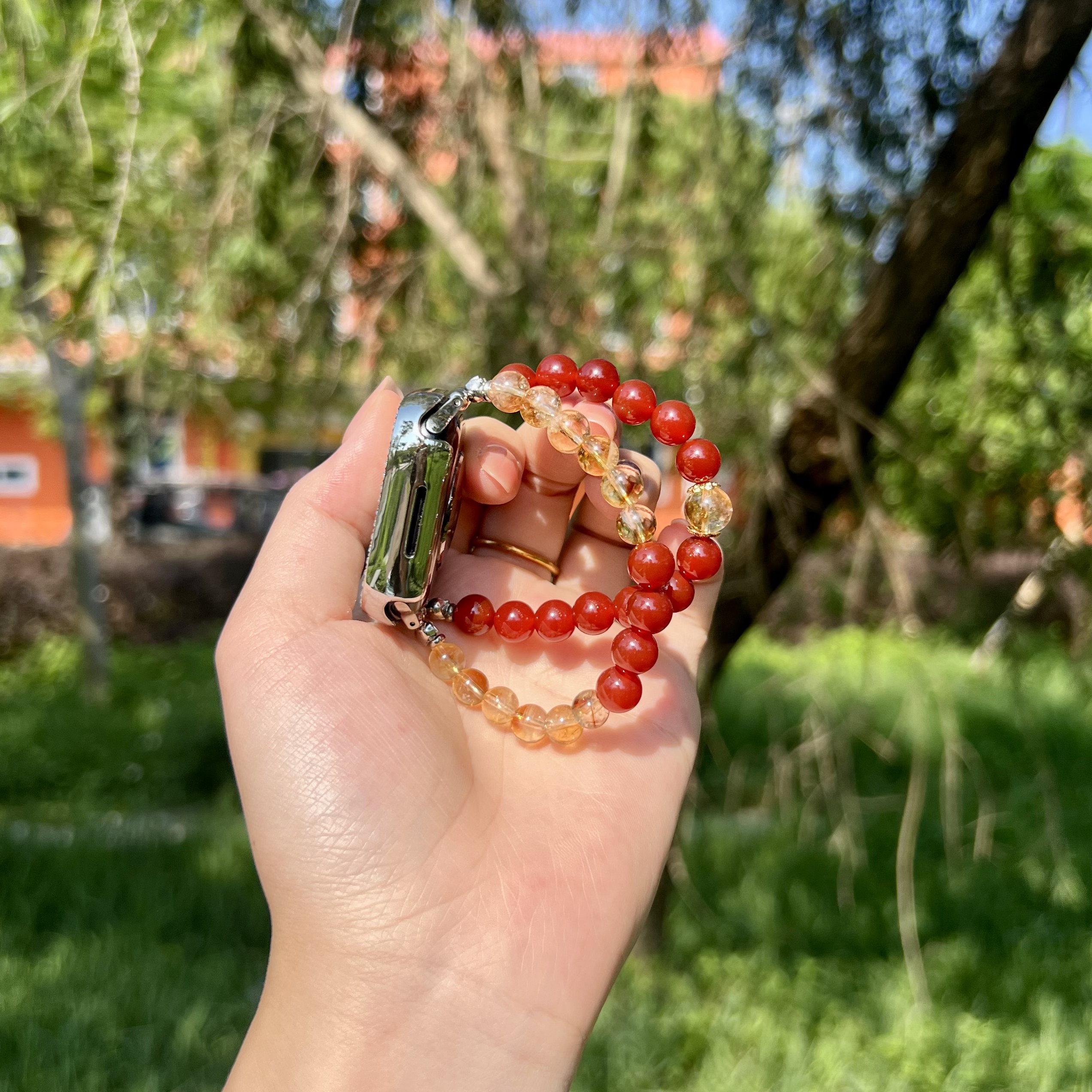 天然黄水晶红玛瑙表带适用ApplewatchS10苹果手表带高级iwatch9女
