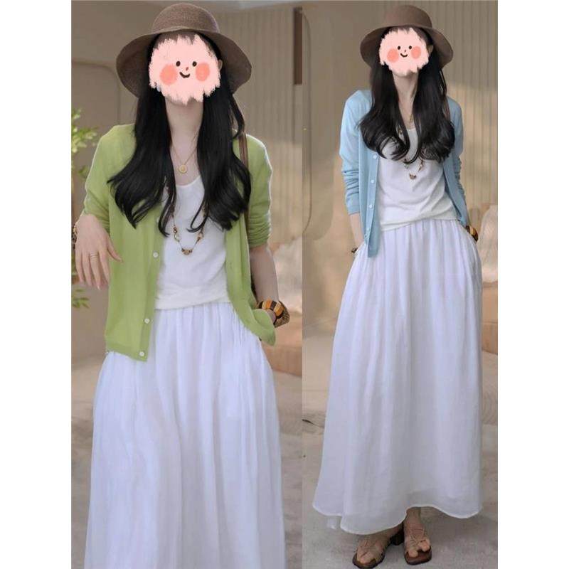 2025春夏季新款防晒针织衫+短袖T恤+半身裙三件套减龄洋气套装女