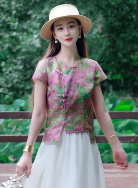 新中式女装紫色斜襟盘扣晕染印花t恤夏季高级感气质国风旗袍上衣